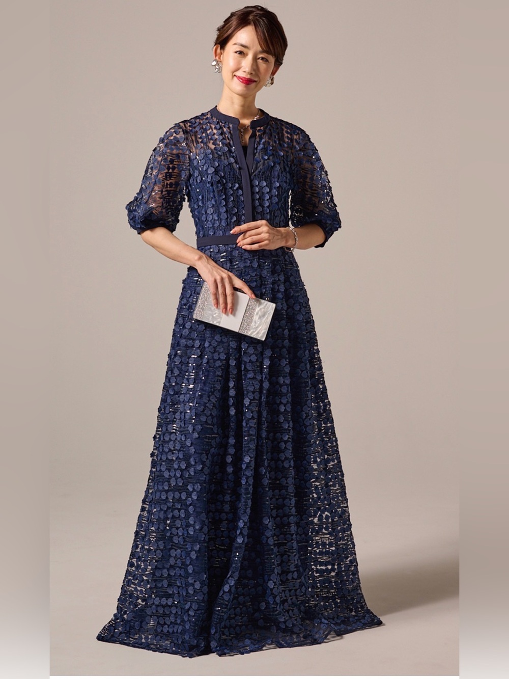 Carmen Marc Valvo Navy Sequin Embellished Maxi Gown